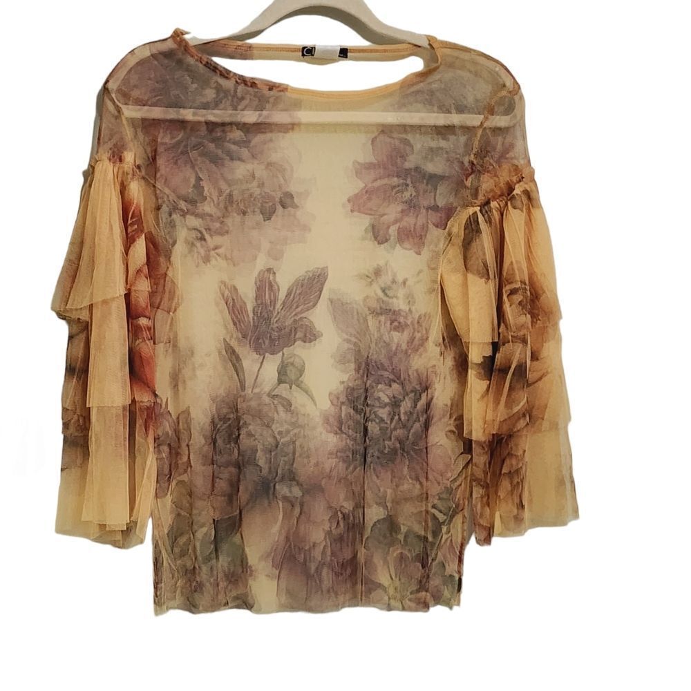 Vintage Cleo Y2K top yellow floral sheer mesh whimsigoth fairy romantic L